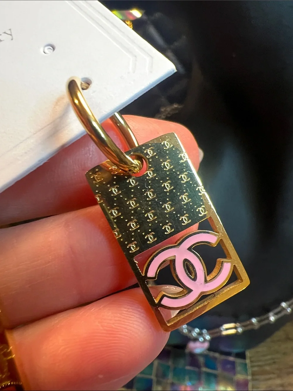 Gold-Tone Pink Logo Rectangular Drop Earrings